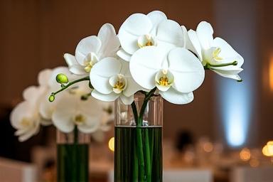 Centros de mesa modernos con orquídeas para un evento corporativo