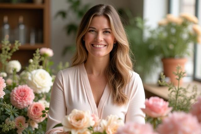 Fundadora de Aurora Floralia sonriendo entre flores frescas y vibrantes en un estudio soleado.