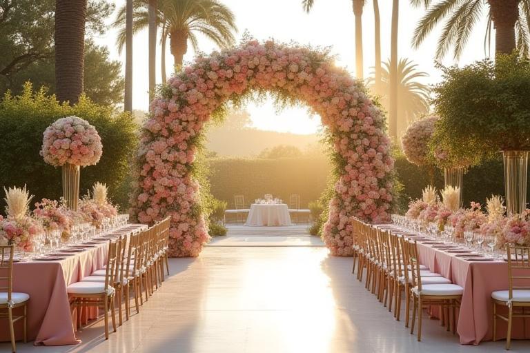 Decoración floral elegante en una boda, con arcos de flores y centro de mesa exuberantes en tonos pastel